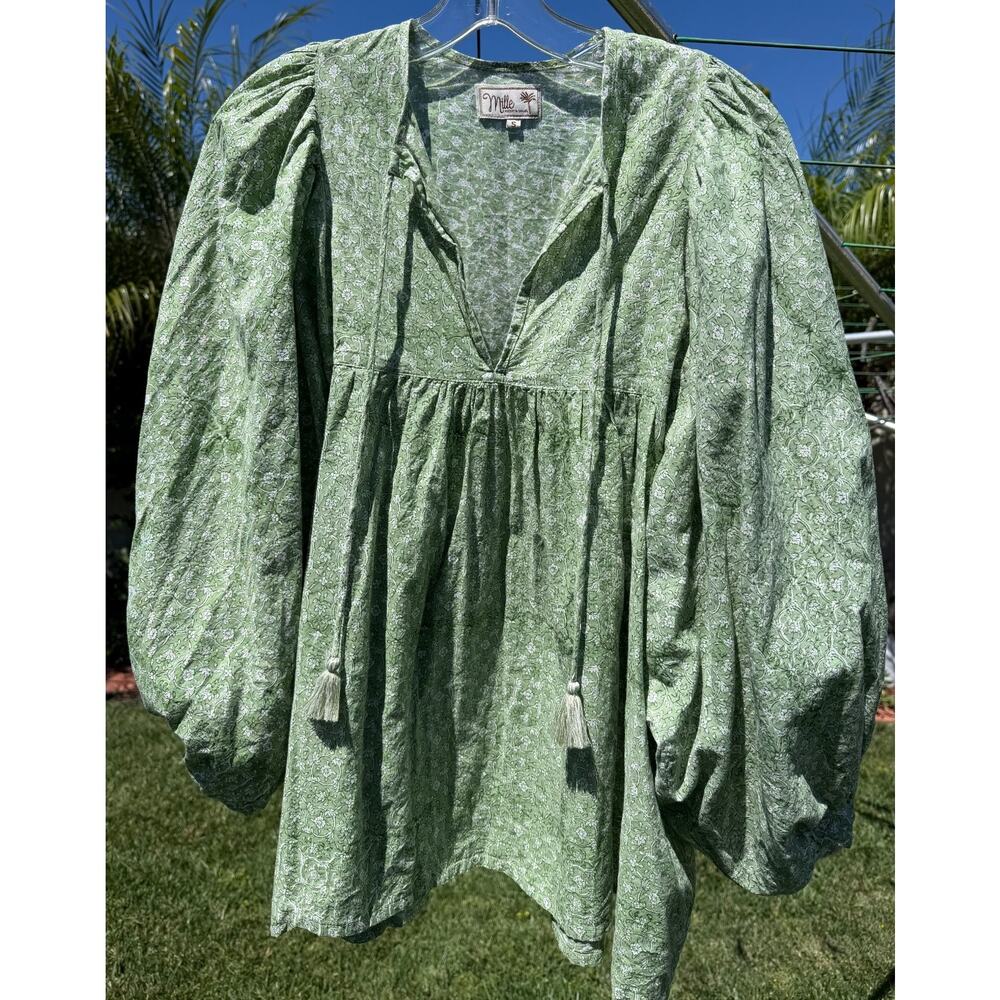 Millie Green Printed Peasant Blouse